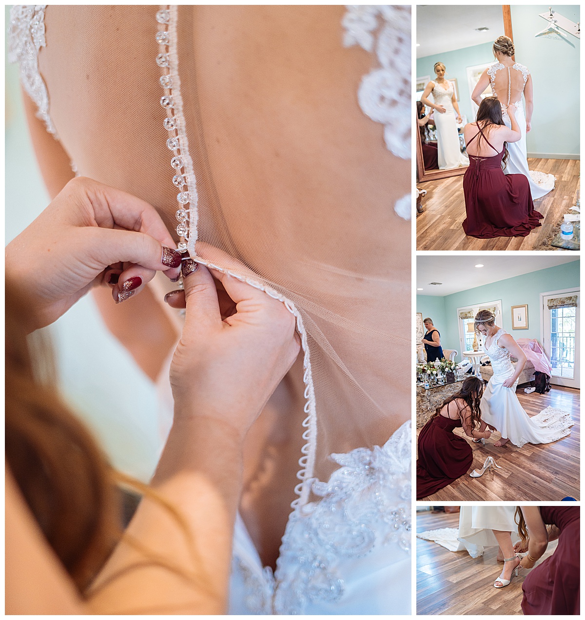 Bride getting ready in wedding venue with barns